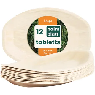 HAAGO 12 Große Einweg Palmblatt Servierplatten 35×25 cm - Ovale Tabletts, Serviertabletts - Kompostierbar & Biologisch Abbaubar – Robust, Mikrowellen- & Gefriergeeignet