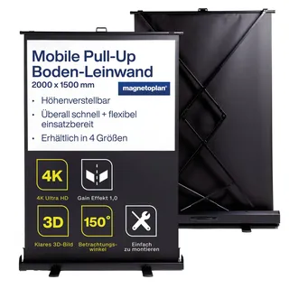 magnetoplan Ultramobil Pull-Up Boden-Leinwand 99" | 200x150 cm, 4:3 | transportable 4K, Full-HD Beamer-Leinwand zum blitzschnellen Ausziehen + Aufstellen | Inkl. pneumatischem Spannsystem