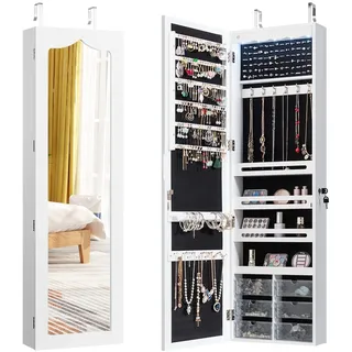 Fantask Schmuckschrank hängend, Sipegelschrank mit LED-Beleuchtung, Spiegel und 6 Schubladen, Hängeschrank für Tür- und Wandmontage, Schmuck Schrank für Schmuck & Kosmetik Aufbewahrung, Weiß