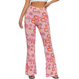 EVELUST Damen 70er Jahre Schlaghose - Hippie Bunte Blumen High Waist Hose Disco Kostüm Abba Outfit Fasching Karneval Festival Rave Pants Flower Power Kleidung Leggings(Pink, S, 10501w)