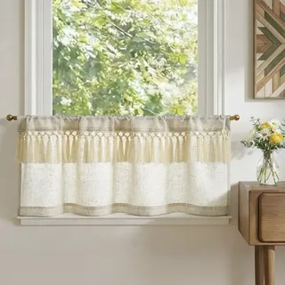 TOPICK Scheibengardinen Küche Beige Spitzenborte Leinen Bistrogardine mit Tunnelzug Volant für Wohnwagen kinderzimmer Landhausstil Shabby Chic Gardinen Kurz Lichtdurchlässig 1er Set 90Bx45H cm Beige