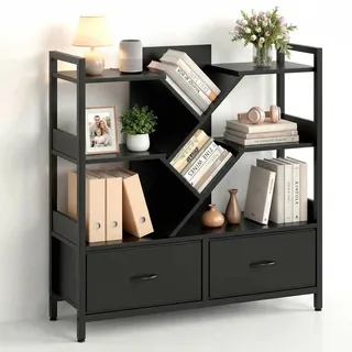 IRONCK Bücherregal mit 2 Schubladen, Baum Regal mit Rollen, Metallrahmen Standregal Würfelregal für Wohnzimmer Schlafzimmer Arbeitszimmer Büro 100x100x32cm (Schwarz)