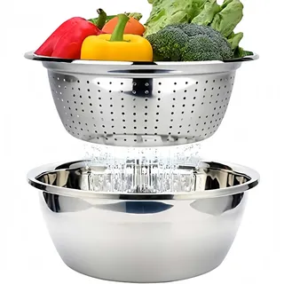 Edelstahl Seiher und Schüsselset Küchensieb Nudelsieb Reis Waschschüssel Salat-Sieb Rührschüssel Set, Stapelbares Edelstahl Schüsselset Ø 26cm