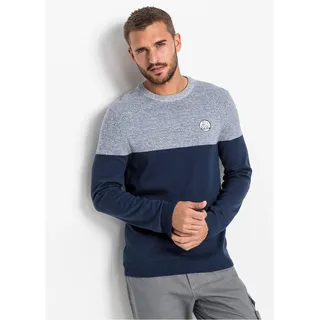 Strickpullover BONPRIX "Feinstrickpullover im Colourblocking mit Baumwolle", Herren, Gr. 56/58 (XL), blau (indigo meliert, dunkelblau), Feinstrick, Obermaterial: 50% Baumwolle, 50% Polyacryl, regular fit hüftbedeckend, Rundhals, Strickbündchen, Pullover Strickpullover, aus Baumwolle und Polyacryl, mit Rundhalsausschnitt, Regular Fit