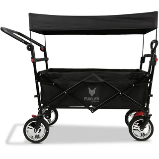 FUXLIFE Bollerwagen FX-CT700 • Faltbar • Handwagen • Schwarz • Bis 75kg | Gepolsterte Sitzfläche • Praktische Feststellbremse • Höhenverstellbarer Schiebegriff • Hecktasche • Leichtlaufrollen