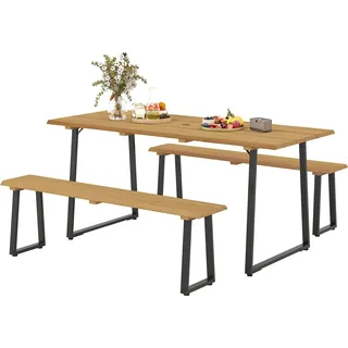 Sitzgruppe 3-teilig Holz Essgruppe für 6 Personen Esstisch mit 2 Bänke Schirmloch Esszimmergruppe mit Holztisch Küchentisch-Set Balkonmöbel Gartenmöbel für Terrasse, Balkon Naturholz |