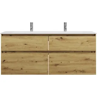 burgbad Lin20 Mineralguss-Waschtisch Weiß Glänzend mit 2 Armaturbohrungen inklusive Waschtischunterschrank, 4 Auszüge parallel, 1420x495x612mm, SGIW142F5353C0001, Farbe: Eiche Dekor Urban