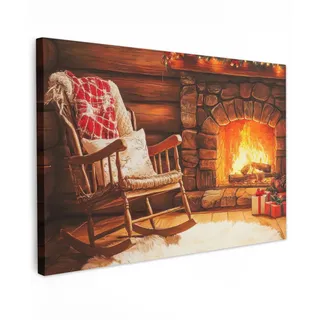 MuchoWow Leinwandbild Winter - Weihnachten - Zuhause - Kamin Wanddeko 90x60 cm , Textil , Rechteckig , 90x60 cm , FSC 100% , gerahmt , Bilder & Rahmen, Bilder, Leinwandbilder