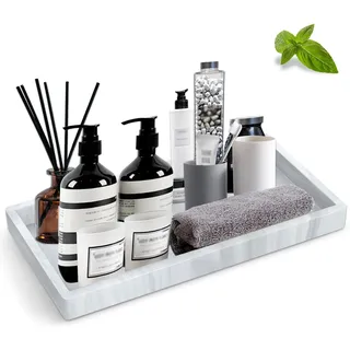 Marmor Tablett, Deko Tablett, Marmorplatte, Schneidebrett Marmor, 20 * 10CM Tablett Rechteckig für Waschtisch Badewanne Küchenspüle und Toilette (Marmor Weiß)