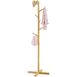 BAMBOOHOMIE Kleiderständer für Kinder, Bambus-Garderobenbaum mit 6 Haken, 2 höhenverstellbar, freistehende Baumgarderobe für Schlafzimmer, Flur, Eingang, hängende Hüte und Handtaschen (129,5 cm Höhe)