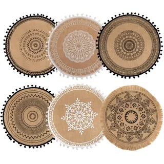 6 Stück Platzset Rund, Rund 38cm Boho Baumwolle,Jute Tischsets Mit Mandala Quaste, Platzsets Tischsets Kann als Schießrequisiten und Tischdekoration verwendet Werden(B)