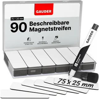 GAUDER Magnetetiketten beschreibbar (75 x 25 mm) | 90 Stück Magnetschilder zum Beschriften | Magnetkarten ideal für Kanban Board, Whiteboard & Tafel