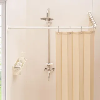 Duschvorhangstange L Form, Verstellbare Duschstange Ecke, Duschvorhang Halterung mit 12 ringen & Deckenstütze für Badewanne/Badezimmer, Bohr-Montage Erforderlich (Weiß, 60-130cm x 60-130cm)