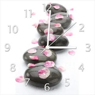 Wallario Design Wanduhr Dunkle Steine mit Blütenblättern aus Echtglas, Größe 30 x 30 cm - Weiß