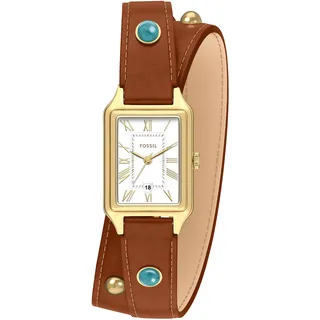 Fossil Quarzuhr »RAQUEL« Armbanduhr, Damenuhr, Lederarmband, analog, Tag, Türkis, goldfarben