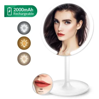 EASEHOLD LED Beleuchteter Kosmetikspigel mit 10-Fach Vergrößerung Detailspiegel, 3 dimmbare Lichtfarben Schminkspiegel, Touch-Bedienung, Make Up Spiegel für Rasur, Make Up, Hautpflege (2000 mAh Akku)