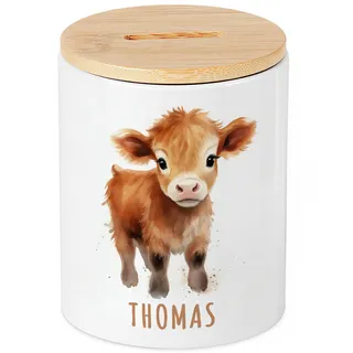 Kuh Spardose für Kinder personalisiert mit Namen Sparschwein aus Keramik mit Bambusdeckel Geschenk für Mädchen & Jungen