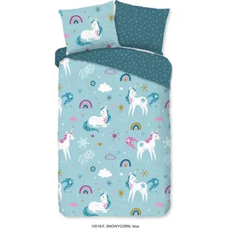 Guten Morgen KinderBettbezug "Einhörner und Regenbögen" - Blau - (140x200/220 cm) - Baumwolle 100% Flanell - Blau