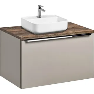 Waschtisch-Unterschrank Set 80cm in taupe mit Vintage Eiche PUEBLA-56-TAUPE Keramikbecken, 2 Softclose-Schubkästen, B/H/T 80,4/62,5/46 cm - Beige