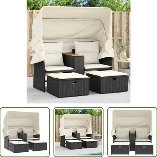 The Living Store Gartensofa 2-Sitzer mit Dach und Hockern Schwarz Poly Rattan - Schwarz