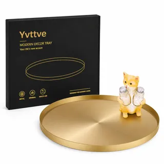Yvttve Goldenes Rundes Tablett aus Metall mit 3 Anti Rutsch | Serviertablett Dekoteller und Dekotablett Kerzentablett (Ø 32 cm, Gold)