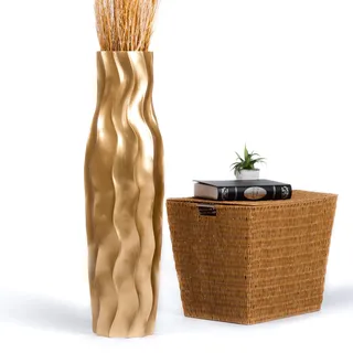 Leewadee Große Deko Bodenvase Für Dekozweige, Hohe Standvase Für Pampasgras, Design Holzvase, 85 cm, Gold