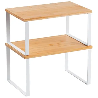 hunwutef 2-Stöckiges Stapelbares Küchenschrank Organizer Regal, Bambus Regal mit Metallrahmen, Gewürzregal & Schrank-Organizer für Küchen Utensilien, Platzsparend