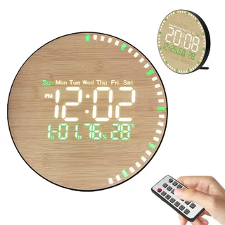 GOMETY Digitale Wanduhr in Holzoptik, 26,7 cm große LED-Wanduhr mit Fernbedienung, 24/12-Stunden-Anzeige für Uhrzeit, Datum, Temperatur und Luftfeuchtigkeit, für Büro, Schule, Fitnessstudio, Garage