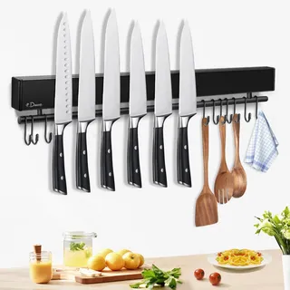 Dmore Magnetleiste Messer mit 10 Haken, 50 cm Messerhalter magnetisch schwarz mit Hakenleiste, extrem selbstklebend Magnet Messerhalter, inklusive Klebeband und Schrauben, für Messer und Utensilien