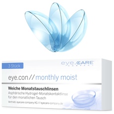 Eye.Con Monthly Moist weiche Monatslinsen – mit UV-Schutz – 3 Hydrogel Kontaktlinsen mit Stärke für empfindliche Augen. Contact Lenses mit 57% Wassergehalt BC 8.6mm, DIA 14.2mm, -3,25D