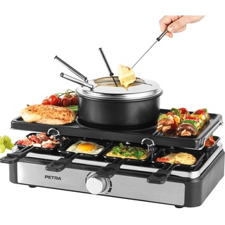 Petra PT4513VDE 2-in-1 Raclette-Grill und Fondue - groß Teppanyaki Grill, Schiebern/Holzspatel, 8 Personen, Rauchfreier Elektrischer Grillplatte, 1,3-l-Topf mit Tauchgabeln, 1400W, Temperaturregler