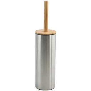 Spirella WC Bürste Klobürste Toilettenbürste „Adonis“ mit hygienischem Behälter Bambus Deckel und Silikon Bürstenkopf Silber, Stahl, INOX, 9x39cm