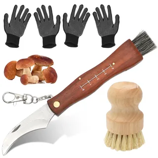 LOMUG Pilzmesser mit Bürste, Hochwertiges Schwammerlmesser mit Pinsel, Taschenmesser Klappmesser Outdoor Gartenmesser Gartenhippe Pilzmesser Set mit Handschuhe und Pilzbürste, Geschenk für Pilzsammler