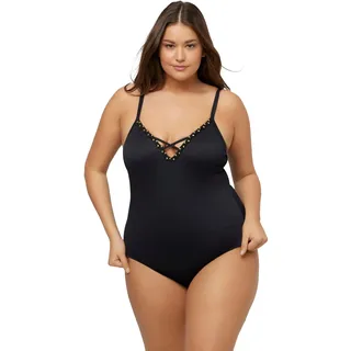 Ulla Popken Damen große Größen Übergrößen Plus Size Badeanzug, Perlenband, Struktur, Softcups, Zierbänder schwarz 48 793662100-48