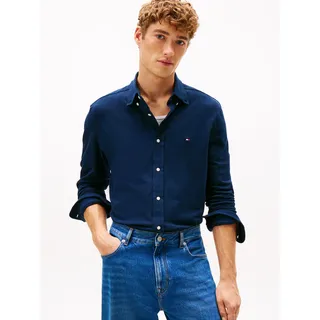 Langarmhemd TOMMY HILFIGER "KNIT PIQUE FEATHERWEIGHT", Herren, Gr. L, N-Gr, schwarz night navy, Web, Obermaterial: 100% Baumwolle, regular fit, Manschette, Hemden Langarmhemd