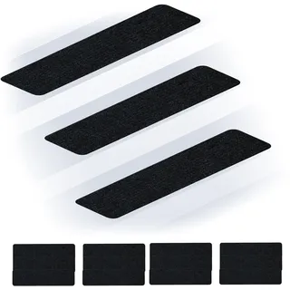 Relaxdays Stufenmatten 16er Set, rechteckige Treppenstufenmatten, 75 x 20 cm, selbsthaftende Treppenteppiche, schwarz