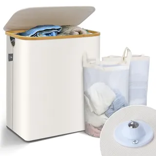 VOUNOT Wäschekorb mit Deckel 145L, Faltbarer Wäschesammler 2 Fächer & Herausnehmbar Wäschesäcke, Laundry Baskets Wäschebox Schmal, Beige