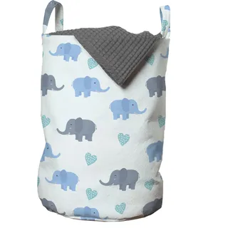 ABAKUHAUS Elefant Wäschesack, Große Tiere punktierte Herzen, Wäschekorb mit Griffen Kordelzugverschluss für Waschsalons, 33 cm breit x 49 cm hoch, Blau und Blau Grau - Blau