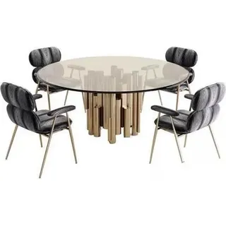 Designer Tisch Goldener Esszimmertisch Runder Glas Tisch Luxus Möbel - Gold