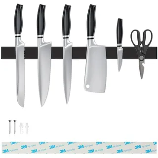 Magnetischer Messerhalter 40 cm schwarzer, ohne Bohren mit 3M Klebestreifen und erweiterten Schrauben, Messerleiste für Messer, Utensilien, Werkzeuge, Organisation der Wohnmobilküche