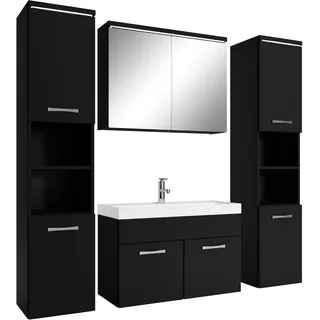 Badplaats Badmöbel Komplettset Paso XL LED 80 x 40 cm Schwarz Matt - Badezimmermöbel mit Waschbecken, Spiegelschrank und 2 Badezimmerschränke - Schwarz