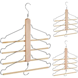 Relaxdays Mehrfach Kleiderbügel, 3er Set, platzsparend, 4 Bügel mit Hosensteg, Holz, Metall, Multibügel, Natur/Silber