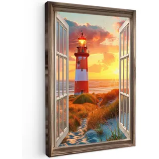 MuchoWow Leinwandbild Aussicht - Fenster - Leuchtturm - Sonnenuntergang - Strand 80x120 cm , Textil , Rechteckig , 80x120 cm , FSC 100% , gerahmt , Bilder & Rahmen, Bilder, Leinwandbilder