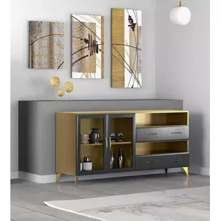 Wohnzimmer Set Schreibtisch Sideboard Bücherregal 3tlg. Tisch Möbel Holz - Grau