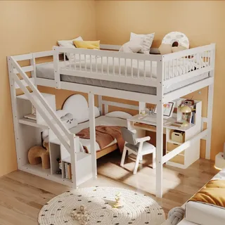 Flieks Etagenbett 140x200cm mit Rausfallschutz, Hochbett mit Treppe mit Kleiderstange und Ablagen, Kinderbett Doppelbett mit Lattenrost, Weiß - Weiß