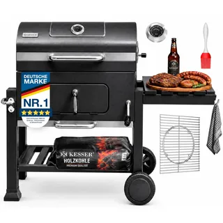 KESSER® Grill Grillwagen BBQ Smoker XL Holzkohlegrill mit Deckel, Rädern, Edelstahl-Griff, Grillrost, Thermometer, & Silikon-Pinsel, Standgrill, Kohlegrillwagen