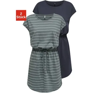 Shirtkleid ONLY "ONLMAY LIFE S/S DRESS 2 PACK CS JRS", Damen, Gr. L (40), N-Gr, bunt (night sky pack:balsam grün stripe cloud dancer), Jersey, Obermaterial: 100% Baumwolle, gestreift, regular fit kurz, Rundhals, Kleider Shirtkleid, Baumwolle, regular fit, Rundhals, Topseller