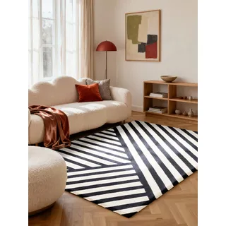 Wollteppich ELLE DECORATION "Noir", schwarz, weiß, B:160cm H:12mm L:230cm, Oberfläche: 100% Wolle. Rückseite: 100% Baumwolle, Teppiche, Wollteppich, Wolle, Natur, Wohnzimmer, Schlafzimmer, Modern, Geometrisch, Streifen
