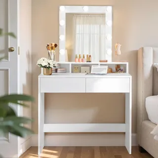 VASAGLE Kailyn Kollektion - Schminktisch mit LED-Beleuchtung, einstellbare Helligkeit, Frisiertisch mit Spiegel, Kosmetiktisch mit 2 Schubladen und 3 offenen Fächern, weiß RDT114W01