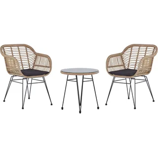BELIANI Balkonset Natürlich Rattan 2 Sessel mit Armlehnen Runder Tisch Sicherheitsglas Auflagen Schwarz Stahlgestell Terasse Balkon Garten Boho - Braun, Schwarz